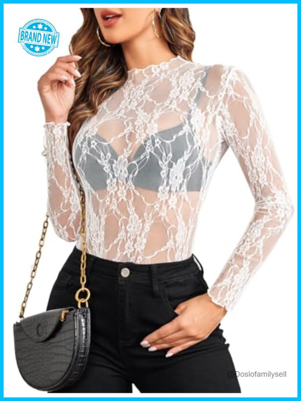 Sheer Mesh Long Sleeve Mock Neck Blouse See Through Lace Top